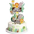 IRYNA 5pcs Jungle Animal Cake Toppers - Giraffe, Lion, Monkey, Elephant - Happy Birthday Cake Decoration - Green, Brown, White