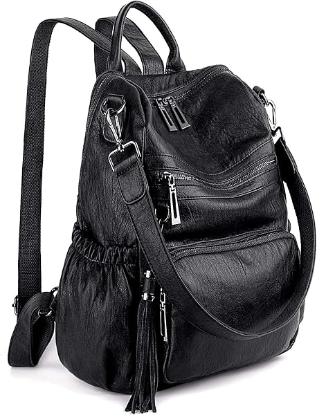 UTO Damen Rucksack PU Washed Leder Modischer Multifunktionsrucksack mit Quastendesign Lässige Schultertaschen Frauen Tasche mehres Kompartiment Schule Schulrucksack Damen-Rucksackhandtaschen - 1