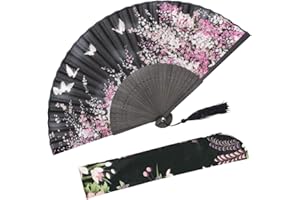 OMyTea Faltbarer Handfächer für Damen, Sakura, chinesisch/japanischer Vintage-Stil, Retro-Stil, mit Stoffhülle zum Schutz (WZS-Black)
