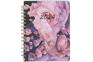 Kaket 2024 Diary A5 Week to View, Planner 2024 from January to December, Floral Cover Diary 2024, Twin-Wire Binding, Elastic Closure, Inner Pocket (Purple)