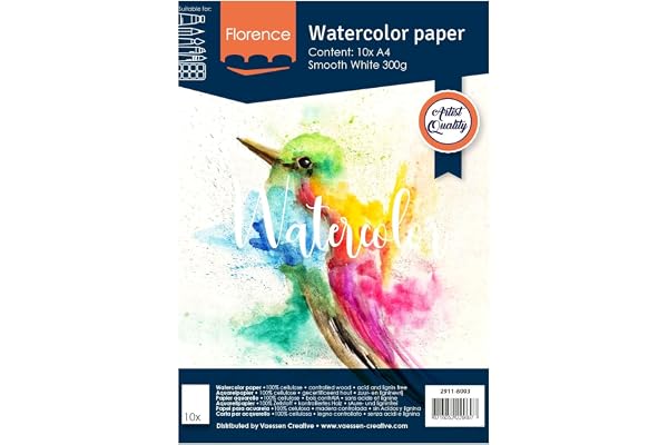 Vaessen creative Florence Papier à Aquarelle A4, Blanc, 300 g/m2, Surface Lisse, Qualité, 10 Feuilles pour la Peinture, Le Lettrage à la Main et Les Projets Artistiques