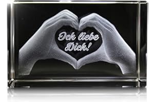 VIP-LASER 3D Glas Kristall mit Gravur: Herz aus zwei Händen mit Text: Ich liebe Dich!