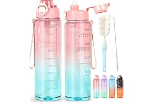 AOHAN Gourde Paille 1l, Bouteille d'eau Sans BPA, Motivation Gourde Sport avec Marquages de Temps, Bouteille Résistant aux Fuites Pour La Gym, L'École, Le Cyclisme
