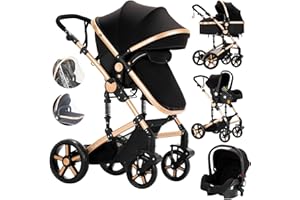 Aveainelle Kinderwagen 3 in 1, Faltbarer Kinderwagen Set, Bequemer Multifunktionaler Kombikinderwagen 3 in 1 Komplettset (588 Black Gold)