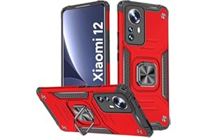 KANSi Hülle für Xiaomi 12 / Xiaomi 12X, Silikon TPU Hart PC Handy Hüllen 360 Grad Drehbar Ringhalter Bumper Stoßdämpfung Schutzhülle - Rote
