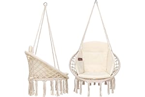 ‎VITA5 VITA5 Makrama, wiszący fotel do użytku wewnątrz – wygodny fotel wiszący w stylu boho do ogrodu i na balkon, huśtawka wisząca z miękką poduszką – wiszący fotel do użytku na zewnątrz z osłoną odporną na