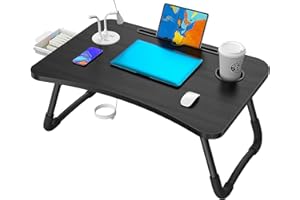 Laptop Table with USB Ports, Elekin Laptop Standing Desk for Bed, Portable Bed Tray, Lap Desk with Cup Holder for Writing, Reading, Working on Bed/Couch/Sofa(Small Fan, Small Lamp)