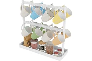 YUMORE Soportes para Tazas de Café, Porta Tazas de Metal con 16 Ganchos y Base de almacenamiento Soporte de Árbol Taza Estante de Exhibición de Taza de Café para Cafetería Cocina Oficina, Blanco