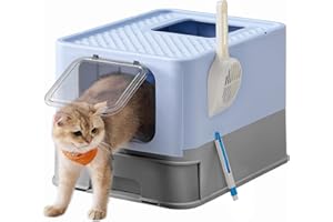 Feandrea Arenero para Gatos, Caja Arena con Bandeja Extraíble, Pala, Cepillo, Espacioso para Gatos Grandes, Carga de 15 kg, Antifiltración, Antiescapes, Azul Pálido y Gris Paloma PPT001Q01