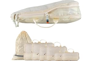 TRAVEL DUDE Organisateurs de voyage | Bagage Sac Compression | à partir de bouteilles en plastique recyclé | Packing Cubes | Rangement valise | Pochettes de voyage pour sac-à-dos | 7 pièces, Beige