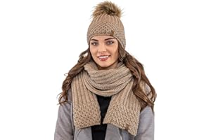 Vivisence Invernale Set Invernale da Donna Composto da Cappello con Pompon E Sciarpa Realizzato in Filato Caldo con Fodera in Pile Ideale per Giornate Fredde, Beige,Taglia Unica