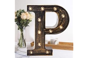 OYCBUZO Golden Black Led Marquee Letter - Industrial, Vintage Style Light Up Alphabet Letter Sign for Cafe Wedding Birthday Party Christmas Lamp Home Bar Initials Decor - P