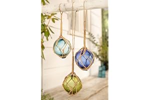 ‎DEKOLEIDENSCHAFT Dekoleidenschaft 3er Set Deko-Glaskugeln im Fischernetz, blau, türkis, grün, Maritime Gartendeko, Hängedeko, Dekokugeln aus Glas zum Hängen für Drinnen & Draußen, Wanddeko, Fensterdeko