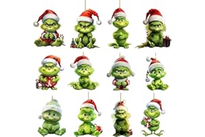 FIVEMILEBRO 12 Stück Glin-Ch Weihnachten Deko, mit elastischer Kordel 2D acryl anhänger, Weihnachtsgrünes Monster, Weihnachtsbaumschmuck mit Kordel, Xmas Decor für Zuhause Urlaub Party