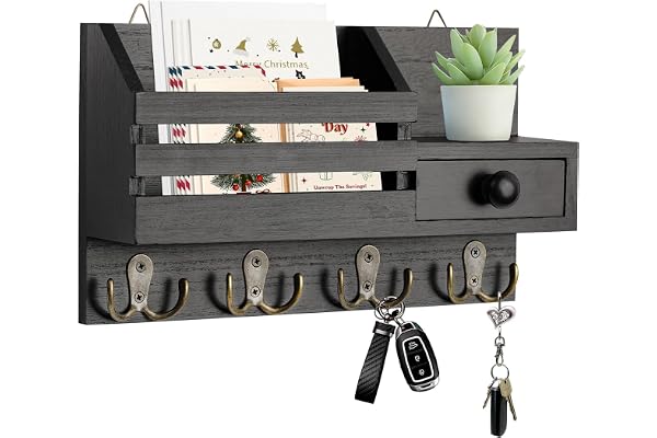 Irayin Porte-Clés Mural Bois, Porte Courrier Mural avec 4 Crochets Doubles et Tiroir de Rangement, Accroche Clef Mural, Etagère Murale pour Porte-clés pour Salon, Couloir, Bureau - Noire