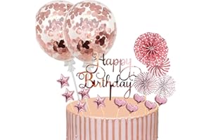 BOYATONG 17 Stück Tortendeko Geburstagstorte, Happy Birthday Kuchendeko, Glitter Cake Topper, Rose Gold, Cupcake Topper mit Sternen Liebe Konfetti-Luftballons und Papierfächer
