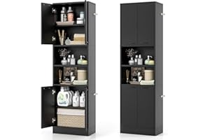 GIANTEX Armario Alto de Baño, 56 x 30 x 190 cm, Mueble de Almacenamiento con 4 Puertas y 2 Compartimentos Abiertos, con Kit Antivuelco, Organizador con 6 Estantes para Baño, Cocina (Negro)