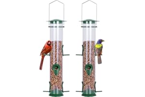Urban Deco Hanging Plastic Tube Bird Seed Feeder With 6 Ports - Niger Seed and Fat Ball Feeder With Steel Hanger - Weatherproof for Small Birds (Green-2Pack)