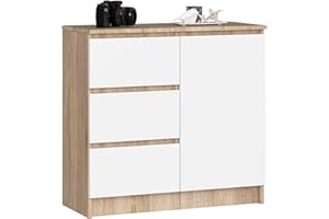 AKORD Cómoda Jerry | Cajonero con 1 Puerta 3 Cajones 2 Estantes | Credenza Alta 80 cm | 80x35x77 cm | Roble Sonoma & Blanco Frente