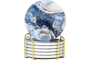 GRISHA Coasters Set of 6 - Homeware Marble design Coasters Ceramic - Coasters with Holder and Cork Base,Home accessories,Coaster(Drinks) cup and Table decor,10cm 4inch. (Golden Blue)