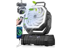Richday 20000mAh con lanterna LED Ventilatore da campeggio Ventilatore silenzioso a 4 velocità Rotazione di 270° Ventilatore da campeggio all'aperto per uffici Tenda da camera da letto Campeggio