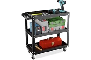 ‎RELAXDAYS Relaxdays Wózek narzędziowy, 3 poziomy, wózek warsztatowy, do 100 kg, 76 x 78 x 35 cm, sprzęt DIY, garaż i mechanik, czarny, gumowy, żelazny, stalowy