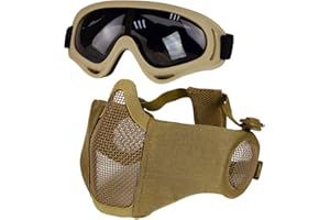 Yzpacc Airsoft Maske mit Brille, Faltbare Half Face Airsoft Mesh Maske mit Ohrenschutz für Paintball Schießen Cosplay CS Spiel