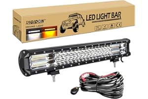 RIGIDON Car Strobe Led Light Bar with 12V Wiring Harness Cable Kit, Dual Color 20 inch 288W for Off road Truck SUV UTE ATV 4x4 Vehicles, Flood Spot Combo, Driving Work Lamp, 3000K 6000K Amber White