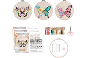 OUTALIZ 3 Set di Kit da Ricamo per Principianti, Kit di Artigianato a Mano, Ricamo Principianti di Farfalla, Kit Contiene 1 Cerchio di Plastica Fili Colorati Strumenti Istruzioni, per Artigianato