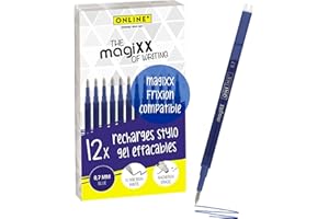 ONLINE 12x recharge roller effaçable bleu, compatible avec magiXX et recharge stylo Frixion etc., pour stylos à encre gel effaçables, pointe moyenne, rechargeable