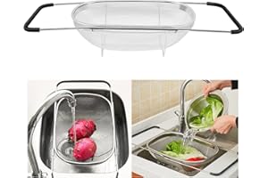 QILUCKY Rostfreier Stahl Spülbecken Sieb waschbecken sieb aus Edelstahl,zum Spülen und Abtropfen über der Spüle,ausziehbares Ovalsieb zum Abseihen,Abtropfen und Waschen von Obst und Gemüse