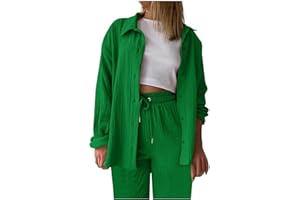 BOSSETY Sommer Outfit Damen Zweiteiler Damen Sommer Musselin Schlafanzug Damen Musselin Bluse Hemd und Shorts Clothes Aesthetic Lounge Zweiteiler Strand Outfit Set