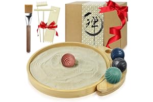 Artcome Jpanese Mini Zen Garden Kit for Desk - Bamboo Sand Tray with 4 Unique Zen Balls & Rake Tools - Relaxation and Meditation Sand Garden for Office, Home & Mindfulness Therapy - Ideal for Gift