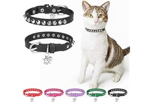 DILLYBUD Leder-Katzenhalsband für Jungen, Mädchen, Katzen, mit Glöckchen und elastischem Sicherheitsgürtel, personalisierte Nieten, verstellbare sichere Schnalle, Halsband mit Totenkopf-Anhänger für