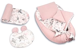 PIMKO Réducteur de Lit 5 éléments 100% coton nouveau-né 2 côtés bébé Cocon Baby Nest nourrissons coussin (Rose flower)