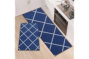 LY4U Kitchen Rug Set of 2, Washable Kitchen Floor Mats, Non-slip Runner, Absorbent Floor Mat for Entryway and Home Decoration Office, 50x80+50x150cm, Blue