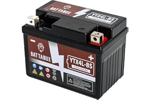 Battanux YTX4L-BS Batterie et batterie pour motocyclette, scellée SLA/AGM 12V4Ah, batterie ATV/UTV/snowmobile/moto sans entretien et sans outils pour l'installation