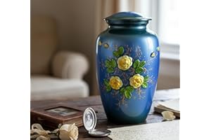 ESPLANADE Metal Cremation Urn Memorial Jar Pot Container | Full Size Urn for Funeral Ashes Burial | 3D Flowers Printed | Blue - 10" Inches