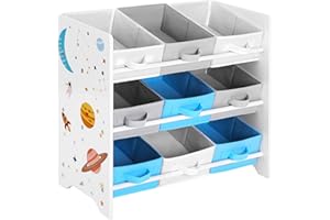 SONGMICS Scaffale Portaoggetti, 9 Scatole per Giocattoli e Libri, Organizzatore in Tessuto TNT, per Camera dei Bambini, Sala Giochi, Asilo, 62,5 x 29,5 x 60 cm, Motivi Spaziali, Bianco GKR33WT