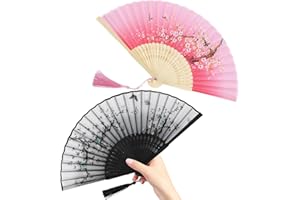 ARDFFA Vintage Folding Hand Fans 2-Pack, Chinese Silk & Bamboo Hand Fan Folding, Portable Folding Fan with Tassel for Wedding, Party, Cosplay & Gifts, Black and Pink