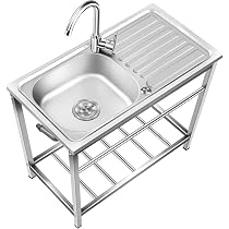 Lavello Autoportante In Acciaio Inox 42x37x83 Cm, Con Rubinetto Freddo - Per Esterni, Garage, Lavanderie, Portata 60 Kg