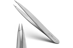 By MILLY Pointed Tweezers - Hammer Forged 100% German Steel, Point-Tip Precision Tweezers for Ingrown Hair, Eyebrows, Facial Hair, Splinters, Glass Removal - Perfectly Aligned, Hand-Filed - Silver