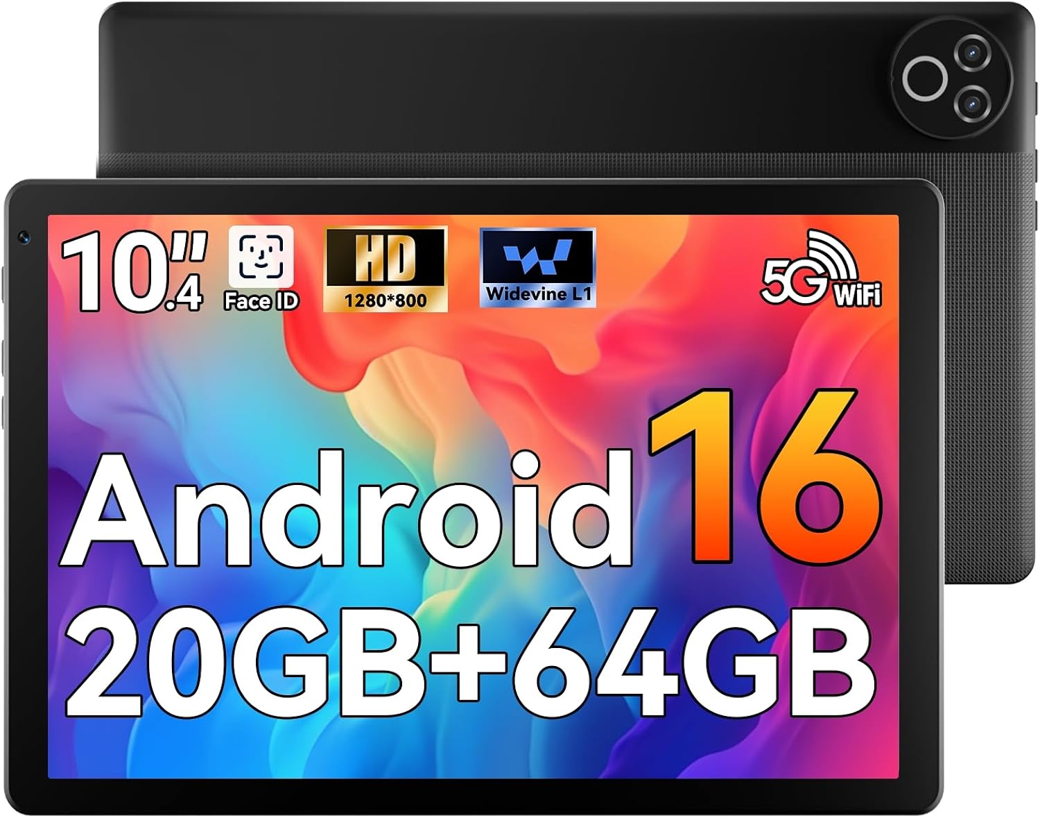 MUISOO Android 16 Tablet, 10.4 inch Tablet, 20GB RAM 64GB ROM(1TB TF Expand), 5MP+8MP Camera, WiFi 6, BT5.4, 1280 * 800 IPS, 5000mAh, Dual Speakers Pad PC Tablets, Black