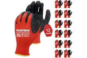 Mustbau 12 par rękawic roboczych EN388 Late i powlekane poliestrem, odporne na ścieranie i wentylowane, bezszwowe rękawice dzianinowe, idealne do prac ogrodowych, mechaników, na plac budowy (czerwone,