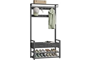 VASAGLE Hall Tree with Bench and Shoe Storage, Hallway Coat Rack with Shoe Bench, 2 Fabric Drawers, 10 Hooks, 30 x 80.4 x 181.6 cm, Stone Grey and Ink Black HSR429B04