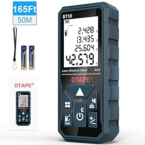 Laser Measure 50M, DTAPE DT50 Laser Distance Meter 165ft, Portable Handle Digital Measure Tool Range Finder, Larger Backlit LCD 4 Line Display IP54 Shockproof Battery Included