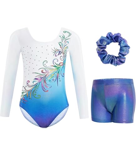 Justaucorps Gymnastique Filles Manches Longues Avec Shorts - Tenue Danse Tumbling Pailletée Colorée