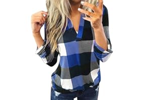 Xmiral Bluse Damen Kariertes Shirt Slim Fit V-Ausschnitt Rollbare Ärmel Tops Sweatshirts