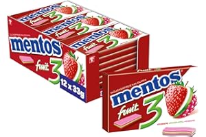 ‎MENTOS Mentos Kaugummi Fruity Fresh Erdbeere - Grüner Apfel - Himbeere, 12er Pack zuckerfreie Chewing Gum Dragees mit Frucht-Geschmack, Multipack (12 x 14 Stück)