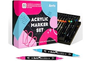 Arrtx Acrylfarben-Marker, 64 Farben, Doppelspitze, Acrylfarbstifte mit feiner Spitze und Pinselspitze, Kunstbedarf für Steinmalerei, Holz, Keramik, Stoff, Glas, Kartenherstellung, DIY Handwerk